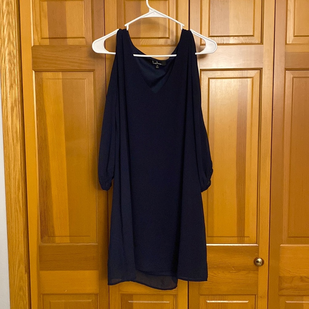 Lulus Navy Blue 3/4 length cut out sleeve shirt dress